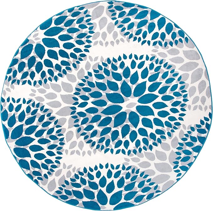 Rugshop Modern Blue Floral Circles Design Area Rug – Elegant Non-Shedding, 6'6" Round for Living Room, Bedroom, Dining Room, Kitchen