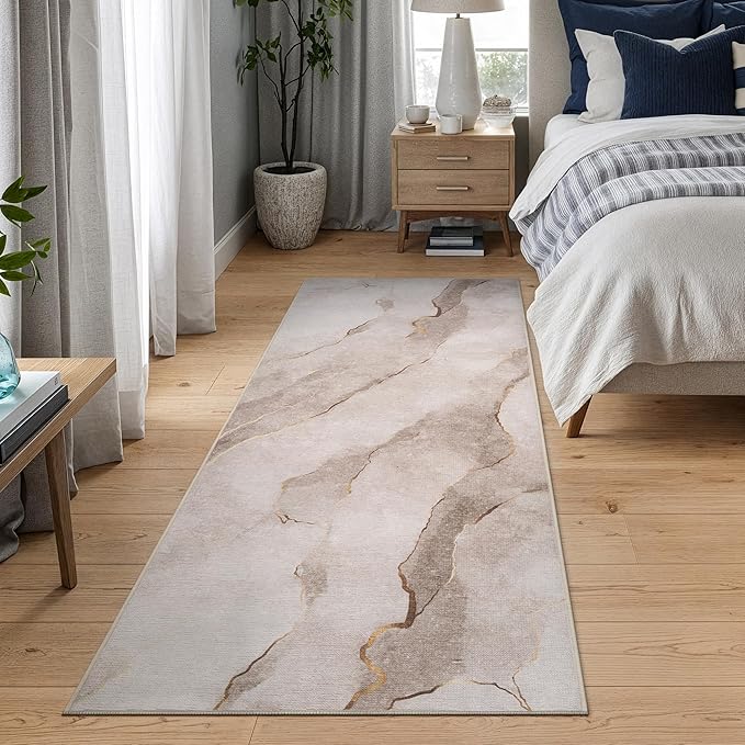 Bloom Rugs Caria Washable Non-Slip 10 ft Runner - Ivory/Gold Modern Abstract Runner for Entryway, Hallway, Bathroom, and Kitchen - Exact Size: 2'6" x 10'