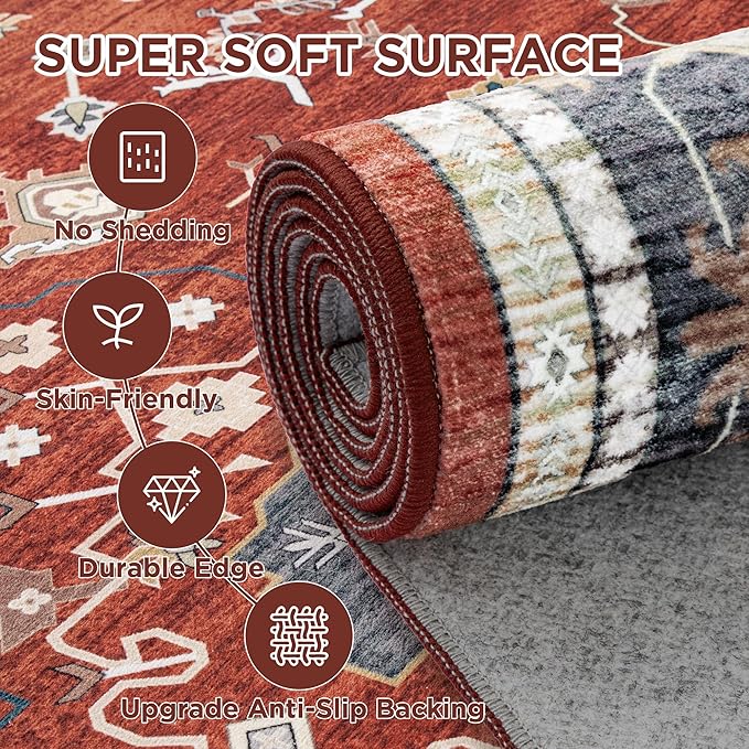 Large Rugs for Living Room, 8x10 Red Washable Rug for Bedroom, Soft Boho Indoor Carpets, Big Modern Kids Room Rug, Non-Slip Low Pile Mat for Office Home Dining Room Christmas Decor, Red/Gold