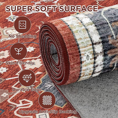 Large Rugs for Living Room, 8x10 Red Washable Rug for Bedroom, Soft Boho Indoor Carpets, Big Modern Kids Room Rug, Non-Slip Low Pile Mat for Office Home Dining Room Christmas Decor, Red/Gold