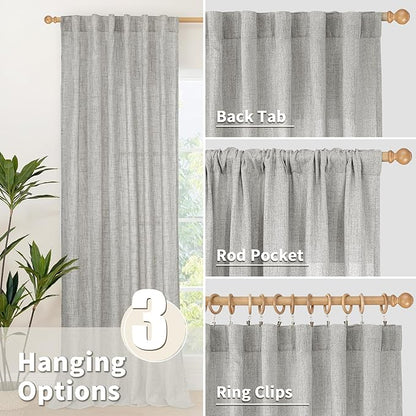 YoungsTex Dark Grey Linen Semi Sheer Curtains 36 Inch Length for Cafe Winow, Short Drapes Light Filtering with Rod Pocket Back Tab for Bathroom, 2 Panels, 42 X 36 Inch