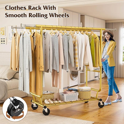 Raybee Clothes Rack Load 630LBS, Heavy Duty Clothes Rack, Rolling Clothing Racks for Hanging Clothes with Wheels, Adjustable & Commercial Garment Rack, 22" D x 75" W x 68" H, Gold