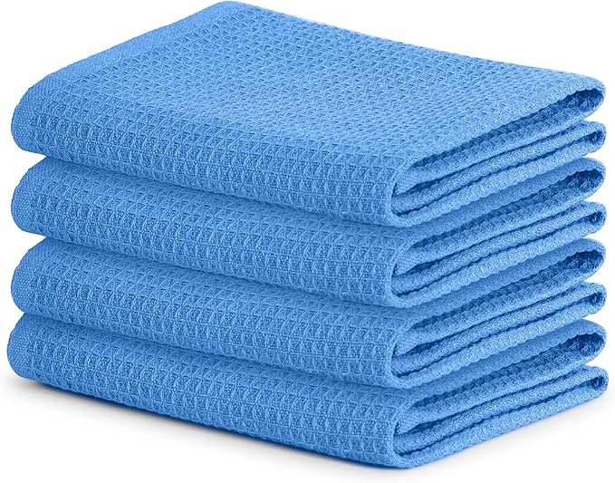 Blue Needles Waffle Weave Kitchen Towels, 15x25 Inches 100% Cotton Set of 4 Dish Towels for Kitchen, Ultra Soft & Absorbent with Hanging Loop, Spring Summer Dish Rags for Quick Drying - Sky Blue