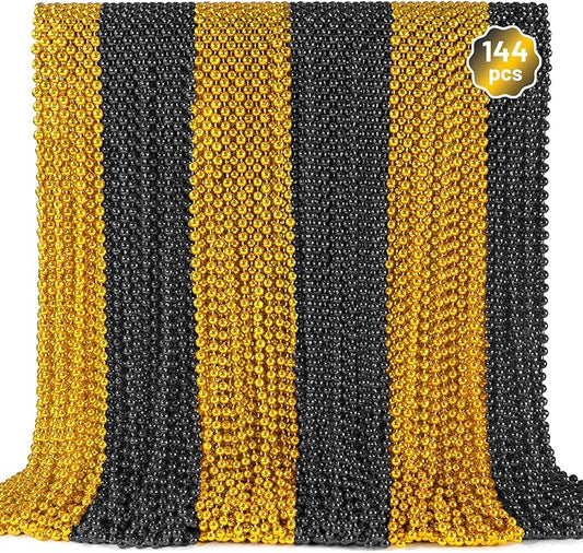 YAXINRUI 144 PCS Gold Black New Year Necklaces, New Year Bead Party Favors, Happy New Year Necklace, 33‘’ Gold Black Beaded Necklaces for 2026 New Years Eve Christmas Halloween Festive Events