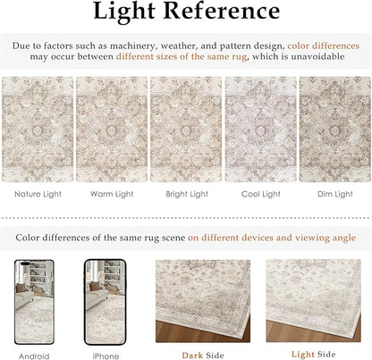 Beige Area Rug 4x6 Washable Vintage Carpet for Office Living Room Soft Retro Low Pile Thin Indoor Rug Non Slip Oriental Medallion Floor Cover for Bedroom Kitchen Dining Room