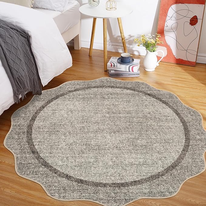 GarveeHome Scalloped Round Area Rugs, Washable Small Round Rug 3 ft Non-Slip, Soft Christmas Solid Ultra-Thin Circle Low Pile Stain Resistant Carpet for Bedroom Entryway Kitchen Bathroom, Brown
