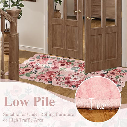 DUKINO 2x5 Washable Runner Rugs, Non Slip Floral Print Entryway Rug with Soft Low Pile, Lightweight Mat for Living Room, Bathroom, Bedroom, Kitchen, Pink