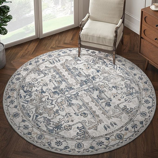 jinchan Round Rug 6ft Vintage Machine Washable Area Rug Kitchen Indoor Circle 6' Ultra-Thin Non-Slip Floral Print Carpet for Farmhouse Entryway Dining Room Living Room Bedroom Office (6'Round,Blue)