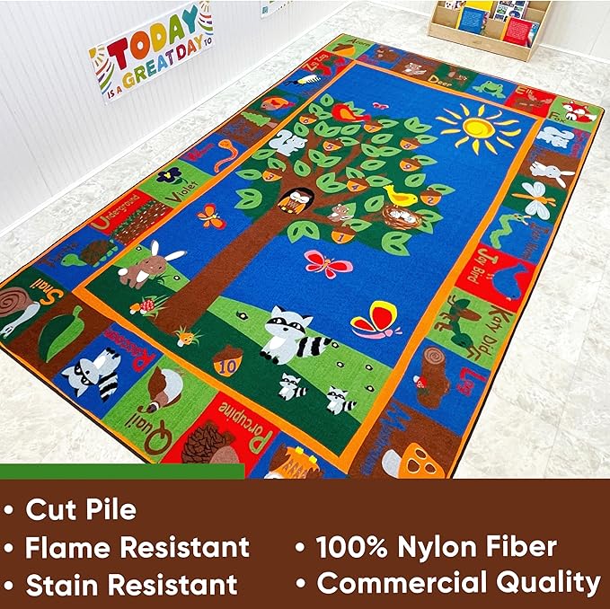 Forest Rug with Animal Alphabet, 7'6" x 12" Rectangle Educational Classroom Rug, Kids Learning Play Mat | Area Rug for Bedroom or Playroom