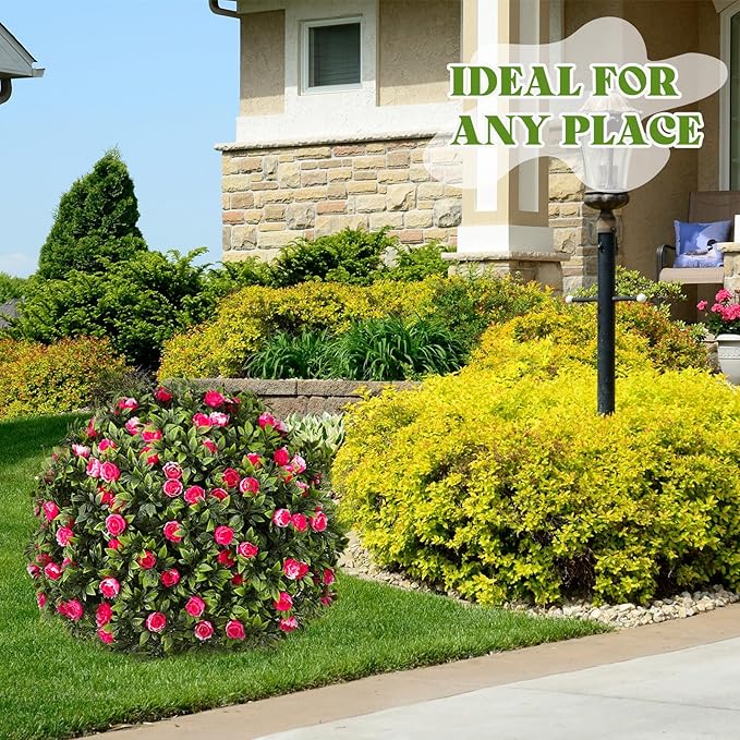 24 Artificial Topiary Ball Tree with Flower Set of 2,Outdoor Fake Topiary with Ground Spike,UV Resistant Faux Artificial Plant Bushes for Indoor Outdoor Front Porch Garden Decor (Pink & White)