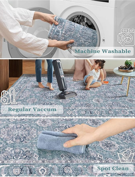 SERISSA Boho Washable Runner Rug, 2x5 Rug Non-Slip Vintage Floral Hallway Kitchen Runner Rug Ultra Soft Print Distressed Blue Grey Floor Carpet for Bedroom Bathroom Laundry Room