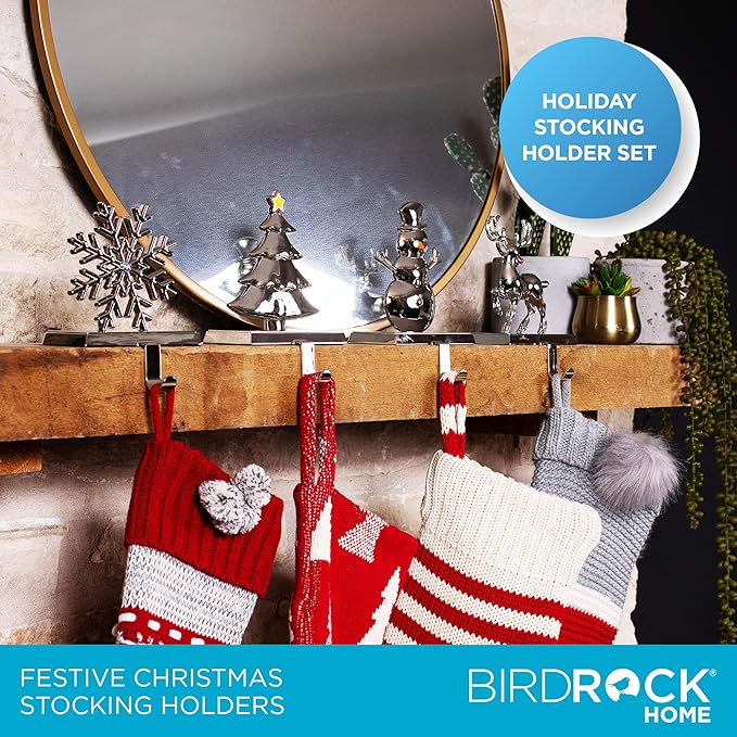 BIRDROCK HOME Christmas Stocking Holders for Mantle - Weighted Metal Hanger for Stockings & Holiday Decor - Metal Hook for Fireplace, Staircase, Shelf - Non-Scratch Base - Holiday Collection, Set of 4