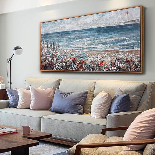 Wall Art Decor Canvas Print Painting Blue Sea Colorful flowers Landscape Picture Artwork Framed Wall Decor For Living Room Bedroom Living Room And Apartment 20 x 40 Inch