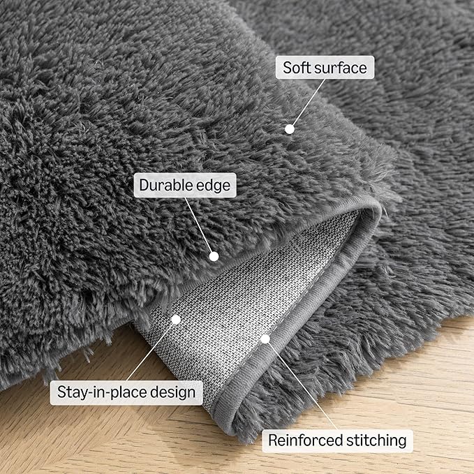 Amazon Basics Fluffy Washable Area Rug, Shaggy Carpet for Living Room, Bedroom, 4' W × 6' L, Dark Gray