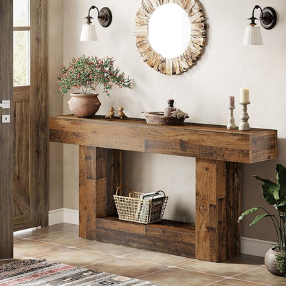 Tribesigns 63" Console Table, Farmhouse 2-Tier Entryway Table with U-Shaped Base, Narrow Long Wood Sofa Table Behind Couch Table for Living Room, Hallway, Foyer, Mix Brown