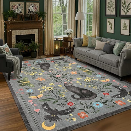 GarveeHome 5x7 Cat Area Rug Grey Washable Rugs for Living Room Bedroom, Soft Mushroom Floral Low Pile Non Slip Floor Mat Animal Print Throw Rug Indoor Carpet for Dorm Playroom Gothic Decor