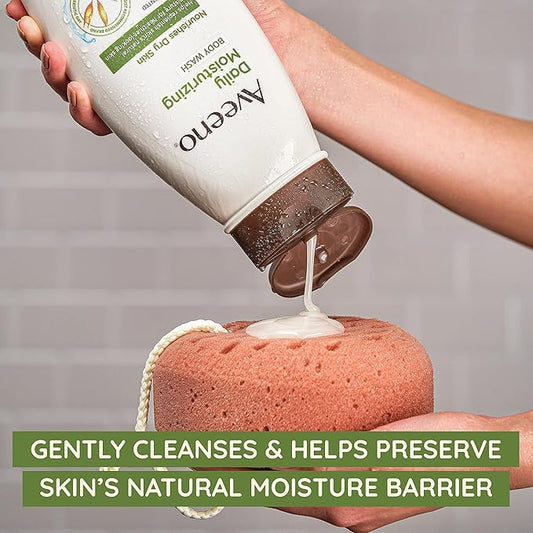 Aveeno Daily Moisturizing Body Wash for Dry & Sensitive Skin + Prebiotic Oat, Oat Body Wash & Gently Cleanses, Nourishes & Feels Hydrating on Dry Skin, Gentle & Light Fragrance, 18 fl oz