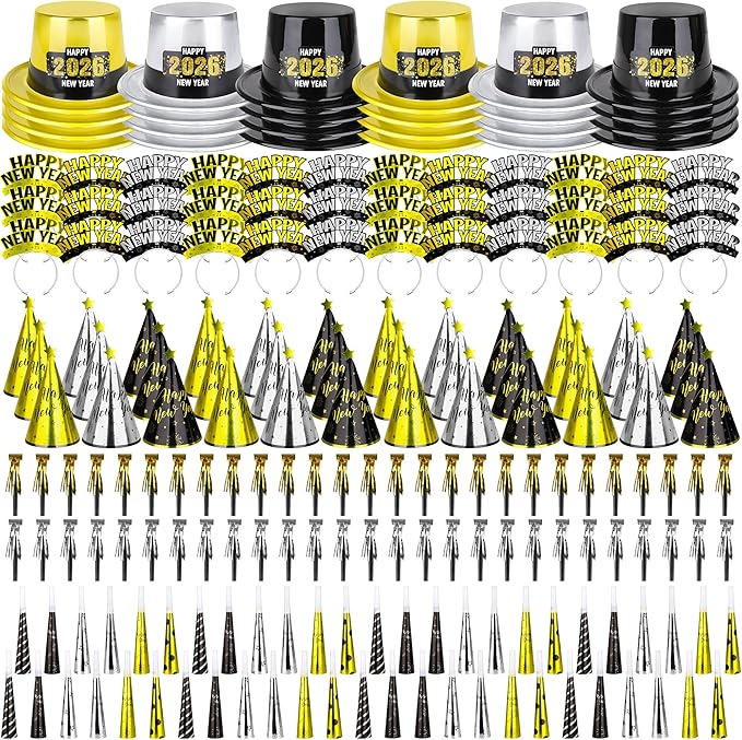 200PCS New Years Eve Party Favors, 100 Guests Happy New Year Hats, New Year Party Supplies Gold Silver Black, Foil NYE Noise Makers Cardboard Horns Cone Hats New Year Tiara New Years Gathering