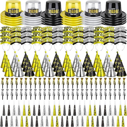 200PCS New Years Eve Party Favors, 100 Guests Happy New Year Hats, New Year Party Supplies Gold Silver Black, Foil NYE Noise Makers Cardboard Horns Cone Hats New Year Tiara New Years Gathering