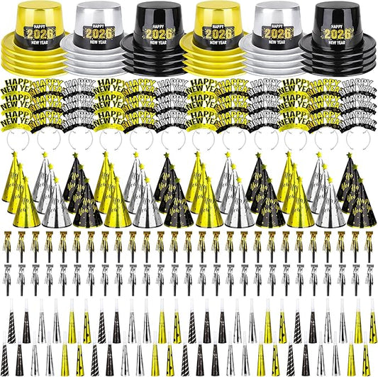 200PCS New Years Eve Party Favors, 100 Guests Happy New Year Hats, New Year Party Supplies Gold Silver Black, Foil NYE Noise Makers Cardboard Horns Cone Hats New Year Tiara New Years Gathering