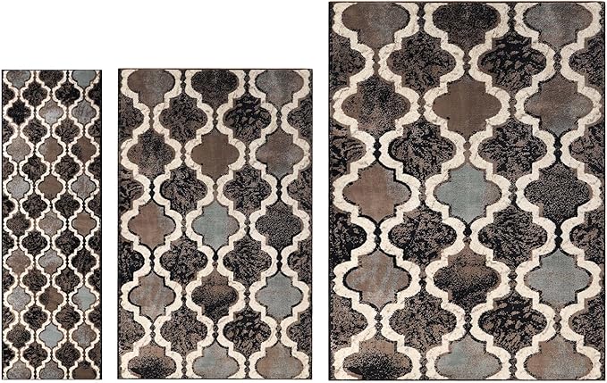 Superior Viking 3 Piece Indoor Area Rug Set, Jute Backing, Modern Trellis Decor for Hallway, Entry, Office, Kitchen, Bedroom, Living Room Floors, Plush Rugs, 2' 7" x 8', 5' x 8', 8' x 10', Chocolate