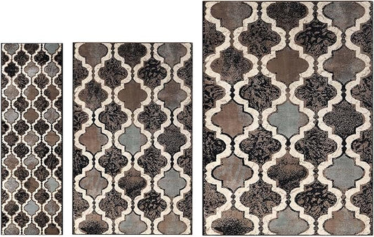 Superior Viking 3 Piece Indoor Area Rug Set, Jute Backing, Modern Trellis Decor for Hallway, Entry, Office, Kitchen, Bedroom, Living Room Floors, Plush Rugs, 2' 7" x 8', 5' x 8', 8' x 10', Chocolate