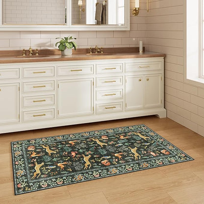 DUKINO 2x4 Rug for Hallway, Washable Kitchen Runner Rug with Non Slip Backing, Soft Low Pile Vintage Animal Runner for Bedroom, Kitchen, Hallway, Entryway, Laundry, Black
