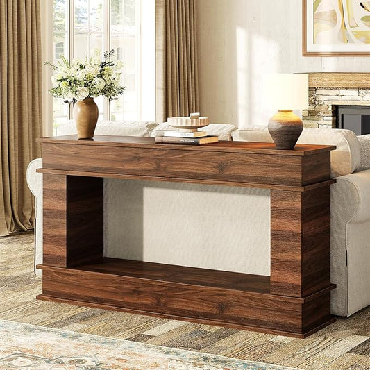 63 Inches Large Console Table, 2-Tier Entryway Table, Narrow Long Sofa Table Behind Couch, Bamboo-like Design, Heavy Duty Base, Farmhouse Wood Accent Decor for Living Room, Hallway, Foyer (Walnut)