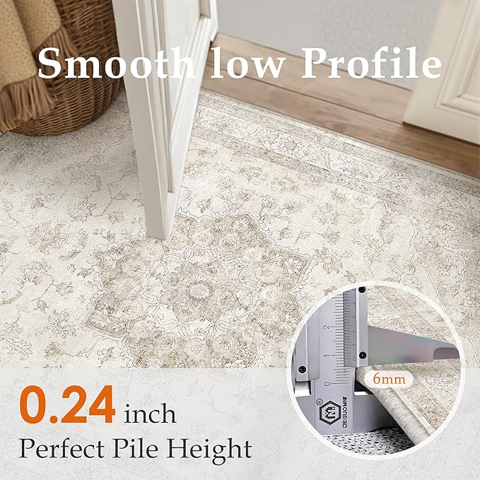 Beige Runner Rug 2x8 Washable Vintage Long Carpet for Hallway Kitchen Soft Retro Low Pile Thin Indoor Runner Non Slip Oriental Medallion Throw Rug for Bathroom Bedroom Laundry Dining Room