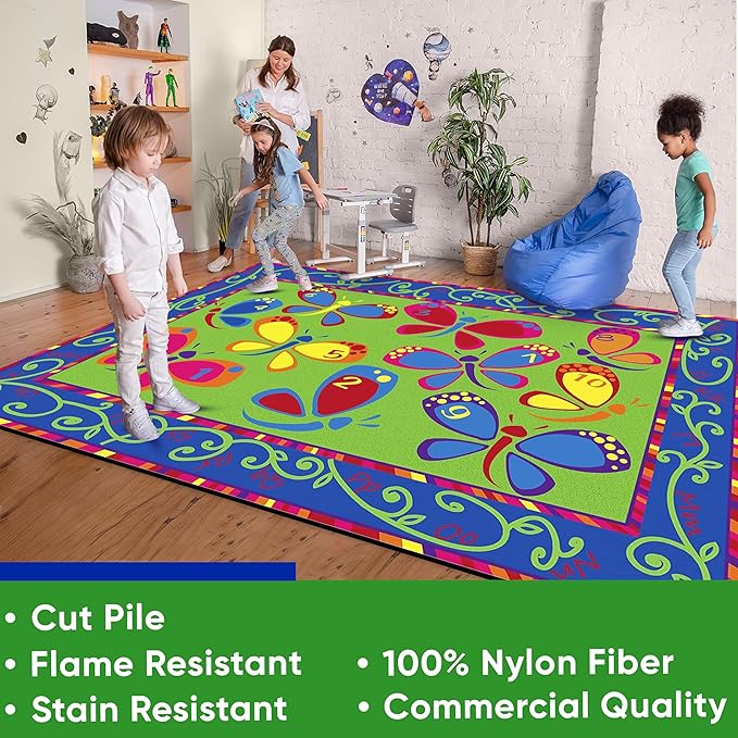 Learning On The Fly Classroom Rug, 7'6" x 12', Multicolored, Educational Classroom Rug, Kids Learning Play Mat | Area Rug for Bedroom or Playroom