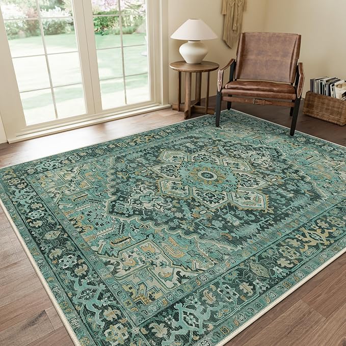 GENIMO Machine Washable 9x12 Area Rugs for Living Room, Non Slip Vintage Rugs, Low Pile Lightweight Chenille Print Rug for Bedroom, Dining Room, Home Office, Turquoise