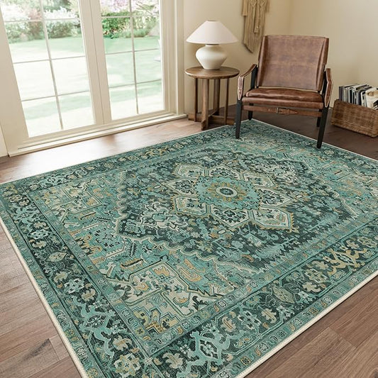 GENIMO Machine Washable 9x12 Area Rugs for Living Room, Non Slip Vintage Rugs, Low Pile Lightweight Chenille Print Rug for Bedroom, Dining Room, Home Office, Turquoise