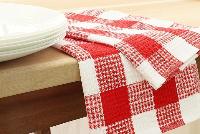 PurpleEssences 100% Cotton Waffle Weave Check Plaid Kitchen Towels, Super Soft and Absorbent Dish Towels for Drying Dishes 15x25-6 Pack - Christmas Holiday Winter - Red and White