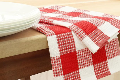 PurpleEssences 100% Cotton Waffle Weave Check Plaid Kitchen Towels, Super Soft and Absorbent Dish Towels for Drying Dishes 15x25-6 Pack - Christmas Holiday Winter - Red and White