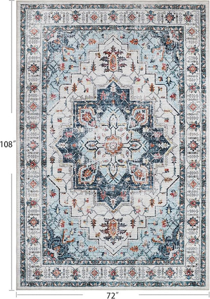 zesthome 6x9 Area Rugs, Machine Washable Rugs for Living Room, Bedroom,Stain Resistant Vintage Large Area Rug,Non-Slip Medallion Pattern Home Decor Rugs (Blue,6'x9')