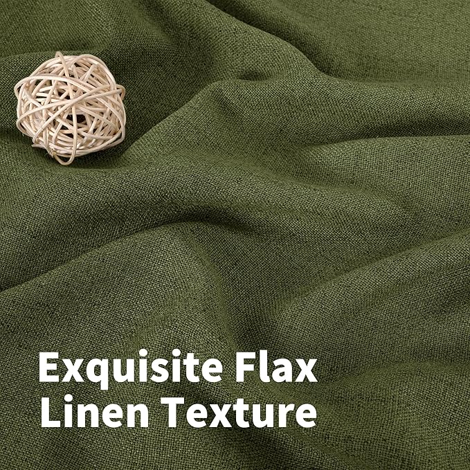 YoungsTex Olive Linen Curtains 48 Inch Length 2 Panels for Short Window, Dark Green Semi Sheer Drapes Light Filtering with Bronze Grommet for Living Room Bedroom, 42 X 48 Inch