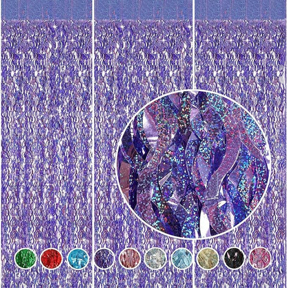 Purple Foil Fringe Curtains Party Decorations - CYLMFC 3 Pack 3.3 ft x 6.6 ft Foil Party Curtain for Hallowee Christmas Graduation Decor