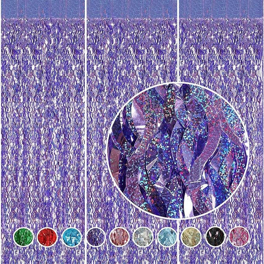 Purple Foil Fringe Curtains Party Decorations - CYLMFC 3 Pack 3.3 ft x 6.6 ft Foil Party Curtain for Hallowee Christmas Graduation Decor