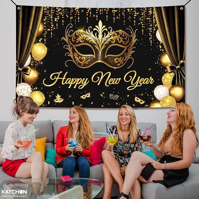 KatchOn, Happy New Year Banner 2026 - XtraLarge, 72x44 Inch | Happy New Year Backdrop with Mask for Happy New Years Decorations 2026 | NYE Backdrop for NYE Decorations 2026 | New Years Eve Party Supplies 2026