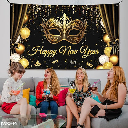 KatchOn, Happy New Year Banner 2026 - XtraLarge, 72x44 Inch | Happy New Year Backdrop with Mask for Happy New Years Decorations 2026 | NYE Backdrop for NYE Decorations 2026 | New Years Eve Party Supplies 2026