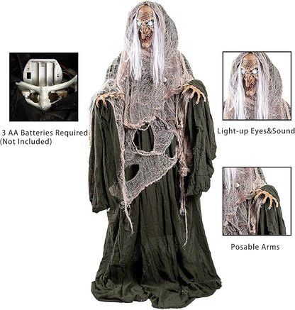 JOYIN 65" Halloween Animatronics Witch Decorations Outdoor with LED Eyes and Creepy Sound, Scary Life Size Animated Decor for Haunted House Lawn Yard