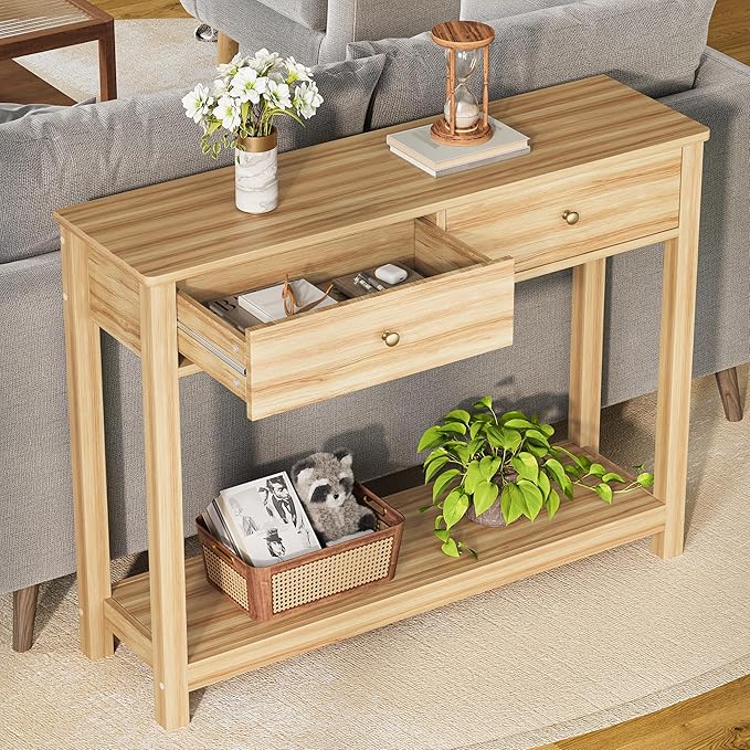 Gizoon 2 Drawer Console Table, 2-Tier Wood Entryway Table with Storage Shelves, 39" W Wood Accent Sofa Table for Front Hall, Hallway, Living Room, Oak Color