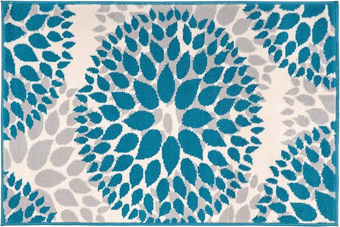 Rugshop Modern Blue Floral Circles Design Area Rug – Elegant Non-Shedding, 2' x 3' for Living Room, Bedroom, Dining Room, Kitchen