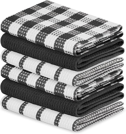 Blue Needles Waffle Weave Kitchen Towels, 15x25 Inches 100% Cotton Set of 6 Dish Cloths for Kitchen, Ultra Soft & Absorbent with Hanging Loop, Dish Rags for Quick Drying, Assorted - Black