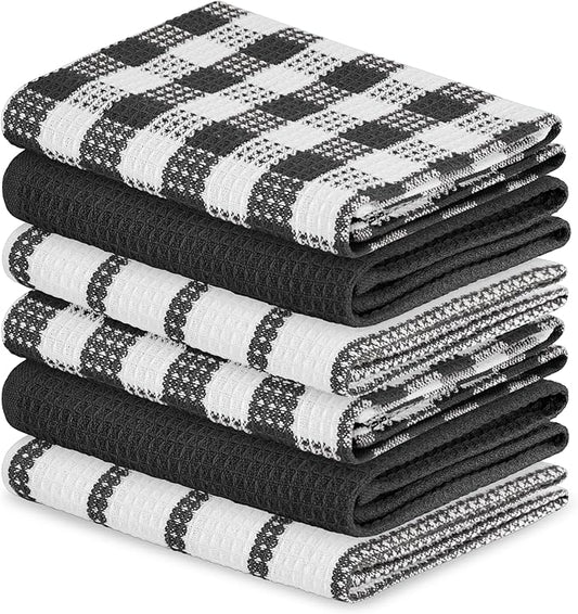 Blue Needles Waffle Weave Kitchen Towels, 15x25 Inches 100% Cotton Set of 6 Dish Cloths for Kitchen, Ultra Soft & Absorbent with Hanging Loop, Dish Rags for Quick Drying, Assorted - Black