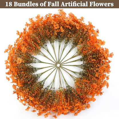18 Bundles Artificial Mums for Outdoors/Indoors Faux Mums for Outdoor Planters, Eucalyptus Leaves Fall Flowers Artificial for Decoration Boxwood Garden Porch Window Home Wedding(Fall Orange)