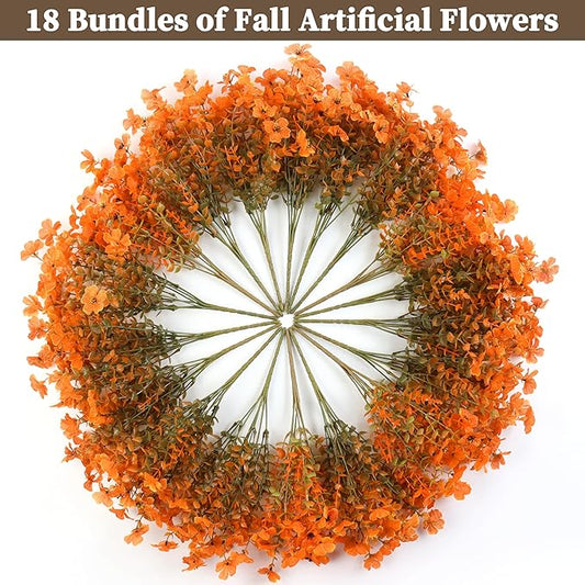 18 Bundles Artificial Mums for Outdoors/Indoors Faux Mums for Outdoor Planters, Eucalyptus Leaves Fall Flowers Artificial for Decoration Boxwood Garden Porch Window Home Wedding(Fall Orange)