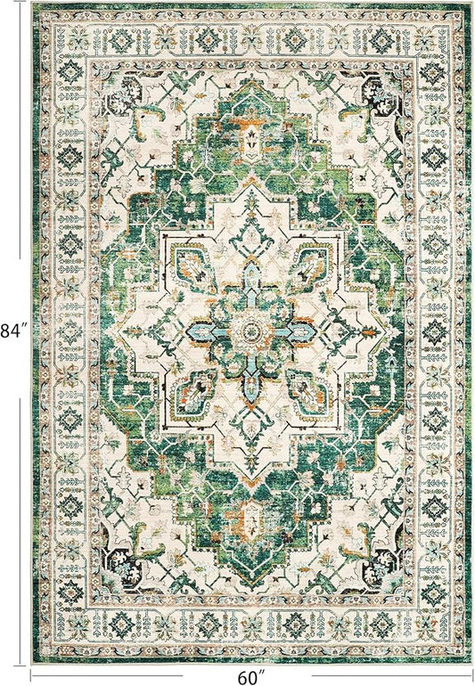zesthome WashableRug 5x7 Area Rugs,Stain Resistant Rugs for Living Room,Bedroom,Non-Slip Backing Home Decor Rug, Vintage Medallion Pattern Rugs (Green,5'x7')