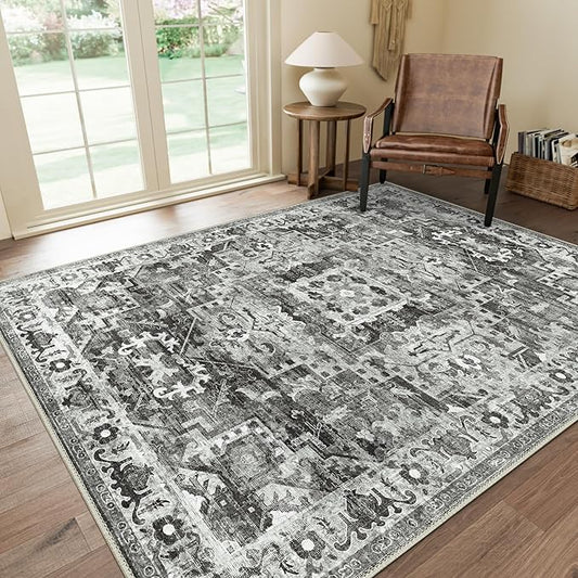 GENIMO Machine Washable 8x10 Area Rugs for Living Room, Non Slip Vintage Rugs, Low Pile Lightweight Chenille Print Rug for Bedroom, Dining Room, Home Office, Deep Gray