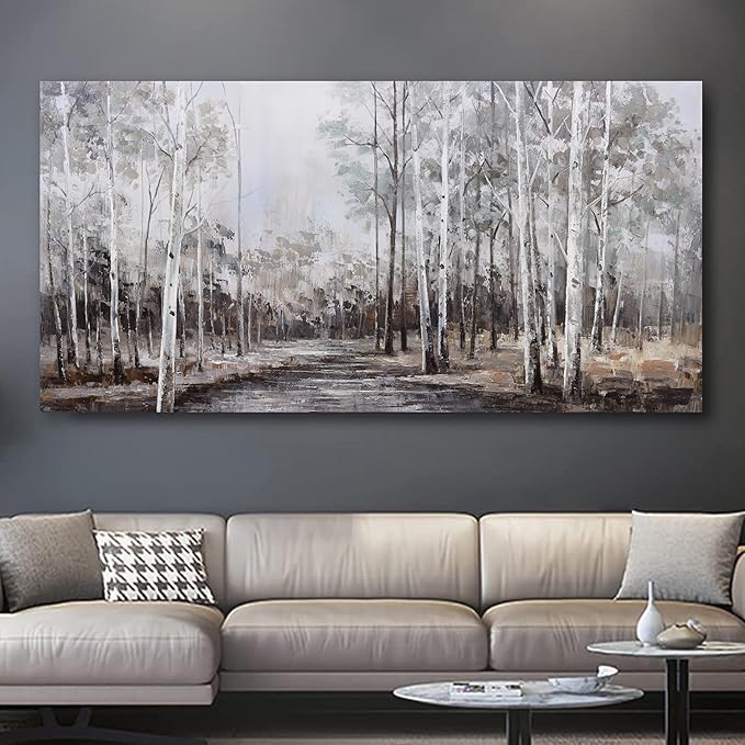 White Birch Tree Wall Art Grey Forest Painting Abstract Canvas Art Landscape Panoramic Picture Nature Artwork Framed for Living Room Bedroom Dinning Room Home Office Wall Decor 40"x20"